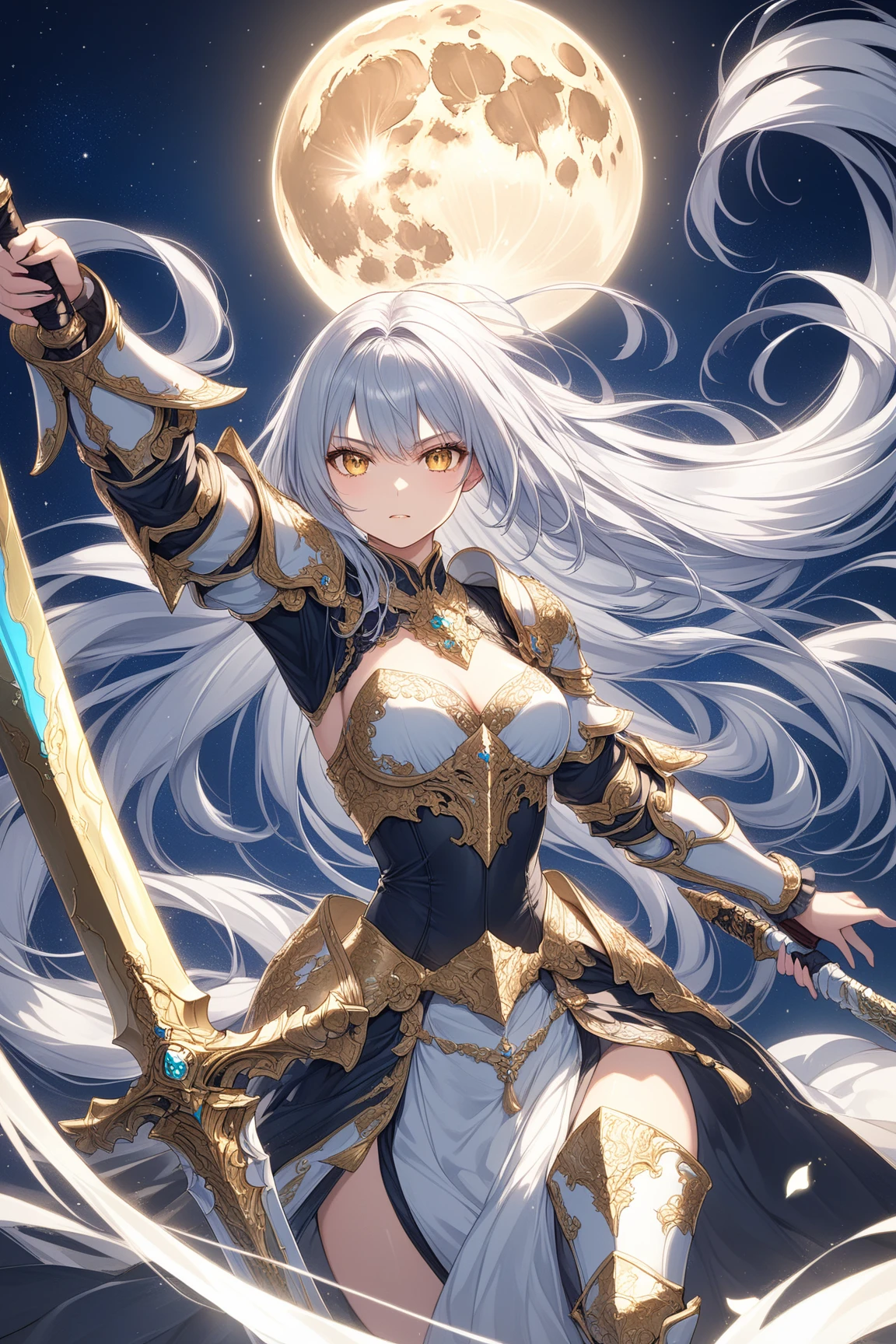 Girl with long silver hair and double braids，silver forehead protector，tights，Black Armor，cleavage，Iron skirt，thigh，Great sword，starry night，moon