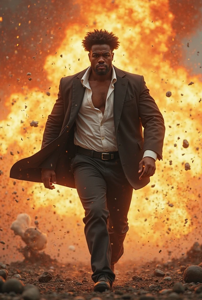 "An intense scene unfolds in a modern, sleek office engulfed in flames. At the center stands a resolute Black businessman with a stylish French crop haircut, dressed in a sharp suit. His expression is unyielding and determined as he holds a briefcase tightly in one hand, completely unfazed by the chaos around him. His focused gaze reflects in the surrounding inferno, symbolizing his relentless drive and determination. He stands confidently amidst the blazing backdrop, embodying control and focus despite the fiery chaos."