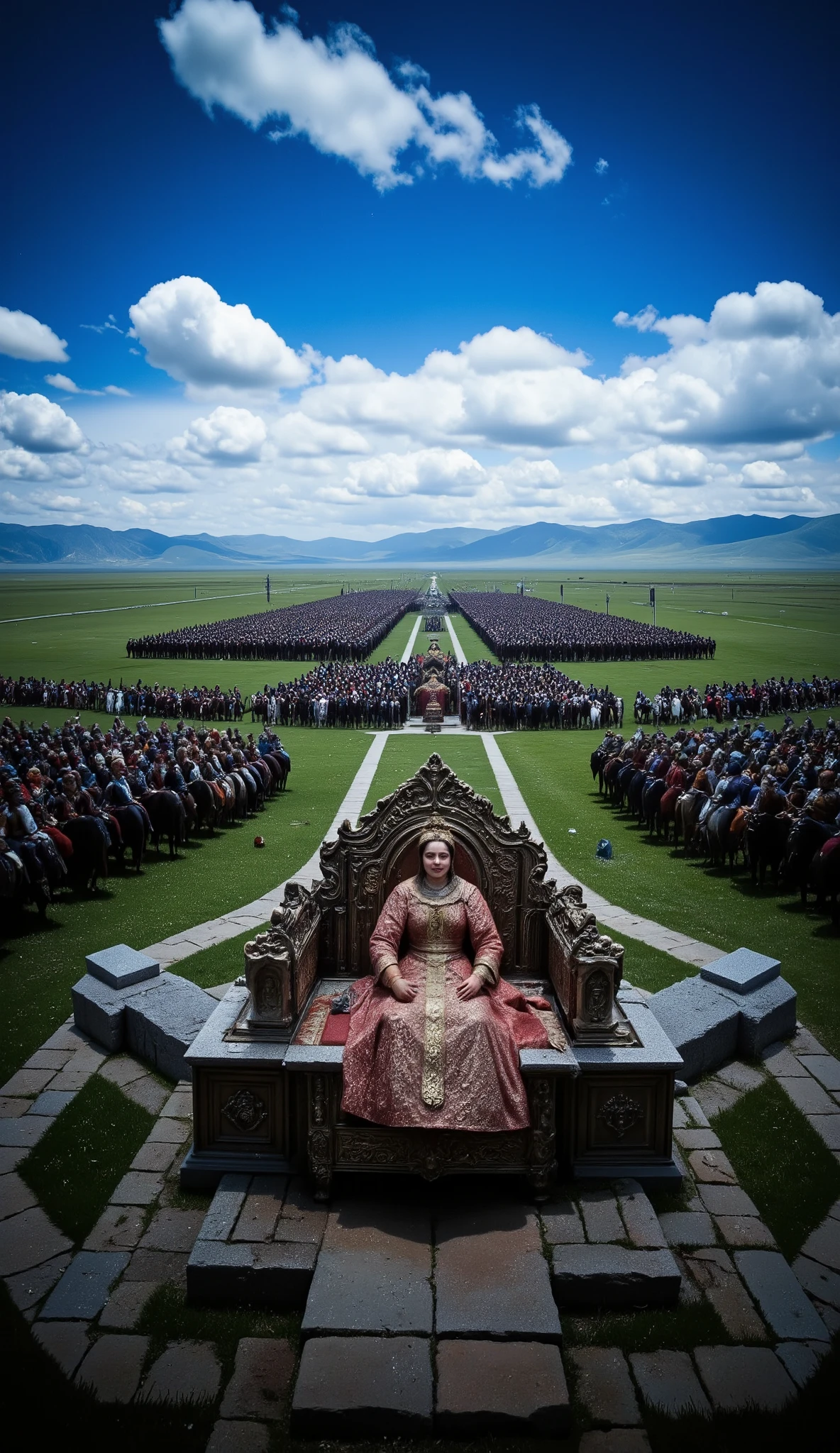 high-resolution images in front of the mounted army、images of the emperor and his wife smiling on a cart、Mongolian emperor Genghis Khan、In front of the cavalry、are、on blue grass on the Great Plains {x} with a large number of mounted legions drawn behind {x}。