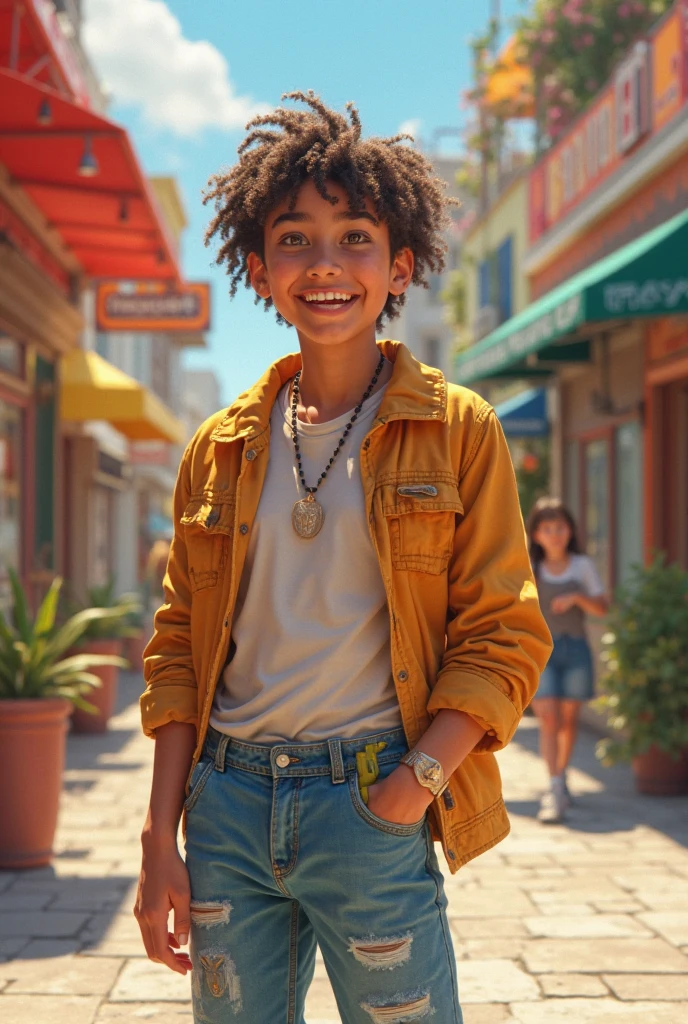 boy dressed in yellow shirt, red shorts with 1 strap, short black afro hair, happy look, bagpack
