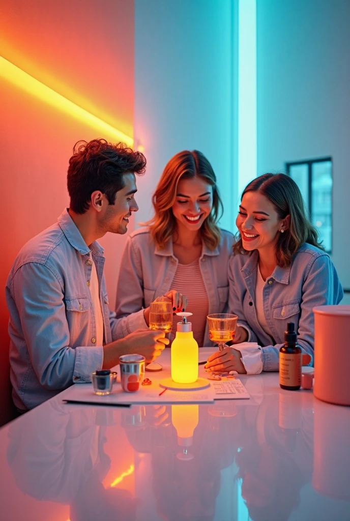 Create a banner with a bottle with LED on its bottle cap with simple lighting, yellow for when the water is hot and blue for when it is cold, the bottle needs to be coated with the coloring of a bamboo, with two people drinking it while it is glowing the respective colors of the water, Blue and Yellow. The color of the bottle should be the cream color of a bamboo 