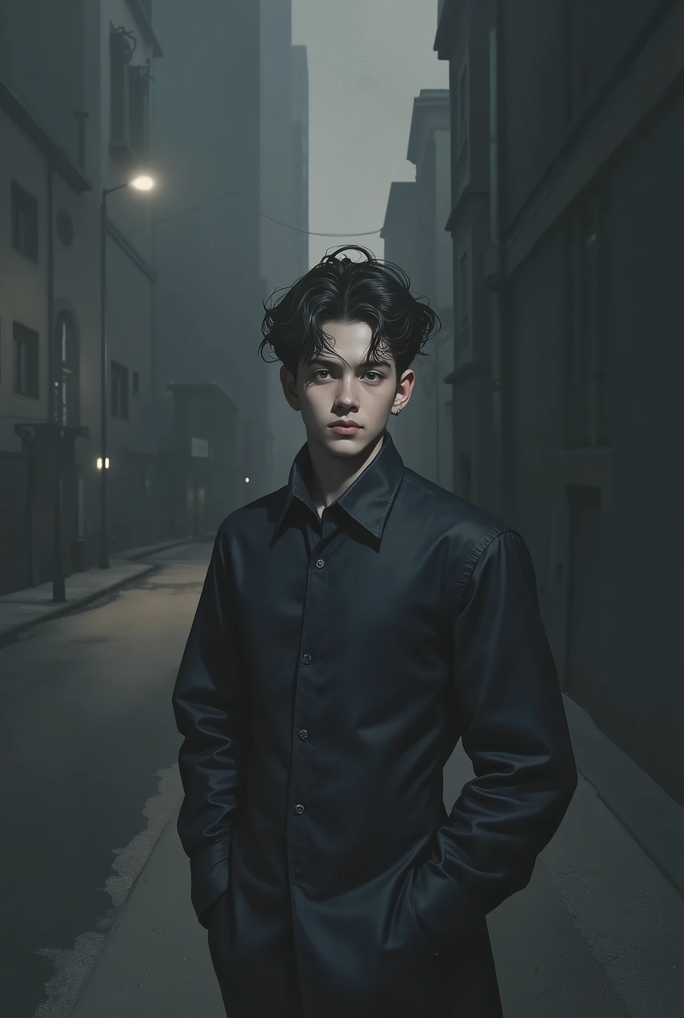 A depressed and mysterious young man with mustaches walks on the street
