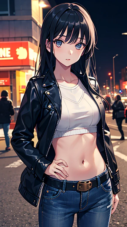 最high quality、best image quality、masterpiece、teenage girl((18-year-old、 By becoming、vest bust、medium bust,wide open breast tea、black eye, black hair、long hair、thin,highest valley、cute makeup、red sports bra、Black sports pants、White Necklace、Blackface Paint、Navy jacket、smile、carを運転)),high quality、beautiful art、background((road、car)),debris flies、Depth of written boundary、movie、visual art、perfect art、8K,genuine