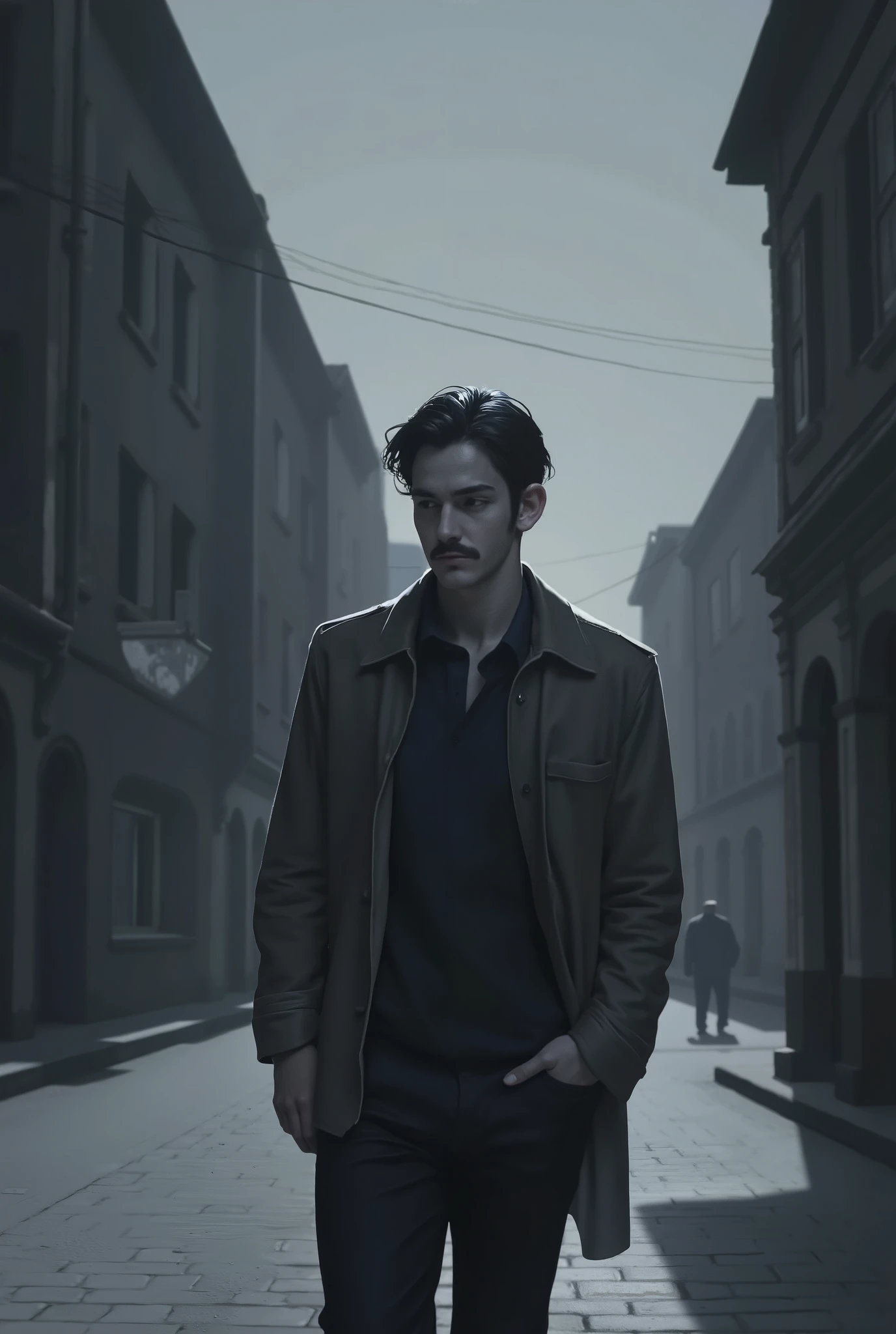 A depressed and mysterious young man with mustaches walks on the street