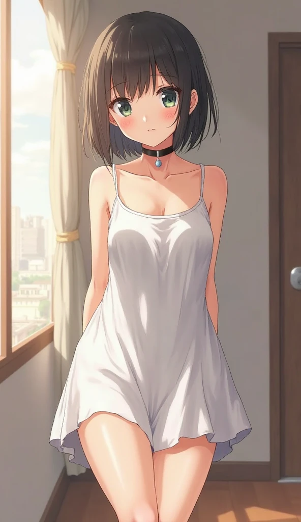 (((perfect anatomy,realistic:1.4,RAW Photography:1.4,masterpiece、highest quality、Ultra - High resolution、High resolution、Highly detailed CG、8K))),nsfw,nsfw,cowboy shot,1 female,solo,18 year old beauty,Japanese,((beautiful detailed face and eyes:1.3,big gorgeous eyes:1.3,gray eyes)),black hair,short bob hair,blunt bangs,,blush,tears,(medium breasts,slender body,small head:1.3,skinny),(gleaming skin:1.4,shiny skin),((sweat:1.5,oily skin:1.4)),((white_camisole、nipples,bara shoulder))、((perfect white panties、Love juice:1.3)),on street,Tokyo、
