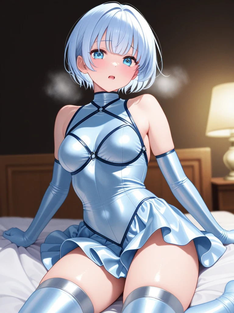 1girl, short hair, light blue hair, bunny suit, bunny ears, sexy, boobs exposing, tits, white liquid on boobs, black tights, thighs, erotic posture, thighs,  extremely blush,   bedroom,  glowing, wallpaper, sidelighting