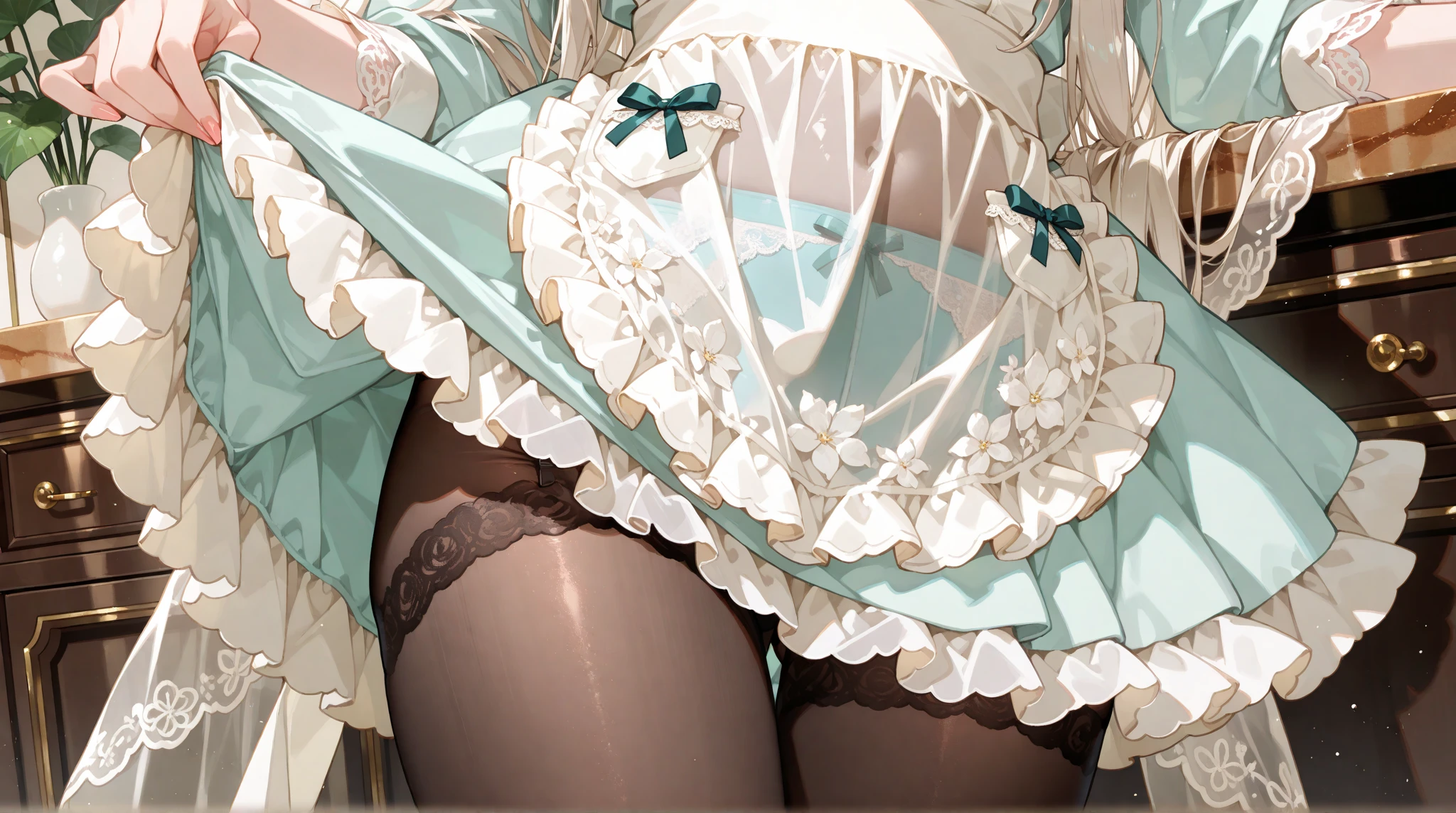 10 year old girl underwear, Realistic bloomers made from patterned cotton fabric, Medieval one-piece dress with panniers, Fabric Realism, Low - Angle, I see bloomers, Pull up the dress by hand, Strong winds, Translucent slip, Translucent slip, tights, Highest quality, Crotch close-up, whole body

