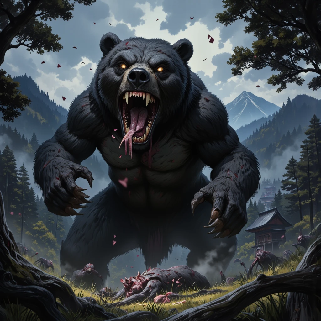 Moonlit night, Ferocious Bear, black fur, Angry expression showing teeth, Ferocious Bear, whole body, small face, big body