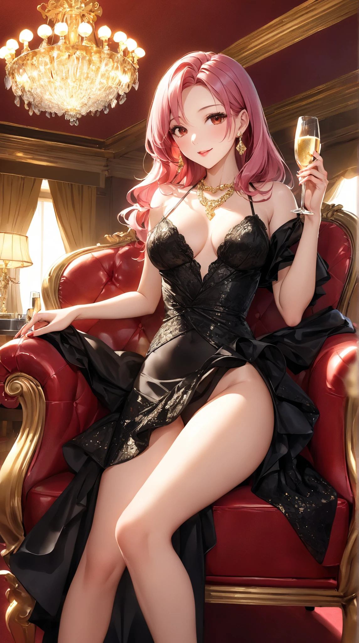 (Masterpiece, BestQuality:1.3), (ultra detailed:1.2), (hyperrealistic:1.3), (RAW photo:1.2), High detail RAW color photo, professional photograph, (Photorealistic:1.4), (realistic:1.4), (Pink Hair:1.5), professional lighting, perfect anatomy, (Big Breasts:1.2), (blush, detailed face), (cheerful Smile:1.5), Trending Hair&Trending Hairカラーをランダムに, earrings, necklace, bracelet, sexly, erotic sexly, Random sexy gravure poses, (Sexy beauty in a gold dress、Luxury hotel lobby、Elegant smile、Long Straight Hair、Chair sitting pose。: 1.3)