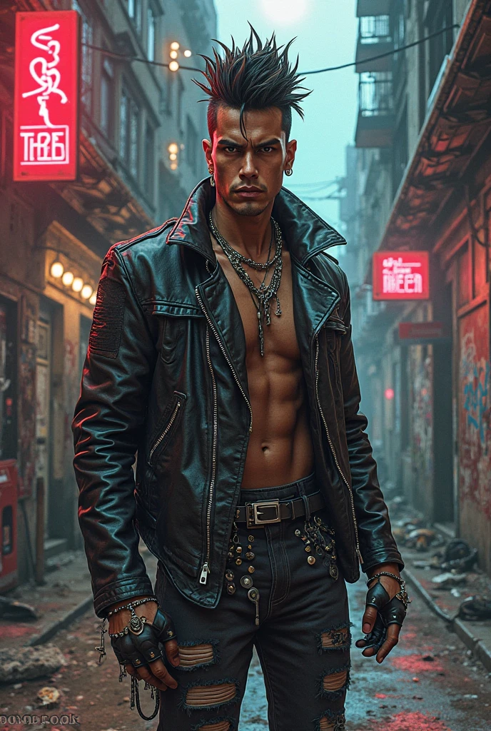 Naked guy fully erect, full body shot, wearing a rocker leather jacket only.