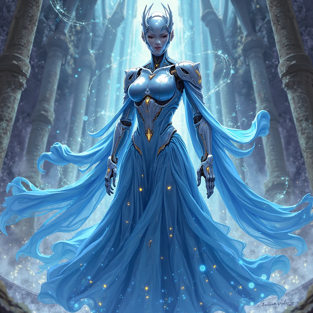 (work of art), 1girl concept art, glare eyes, prominent white body and facial markings, (full blue Skinned), colorful glowing energy streams, in elegant modest dress, White hair, Accurate anatomy, combat dress, Female One, modestly dressed, , 1 blue person_Skinned, 
fancy,
absurderes, best qualityer,
(watercolor painting by gerald brom }