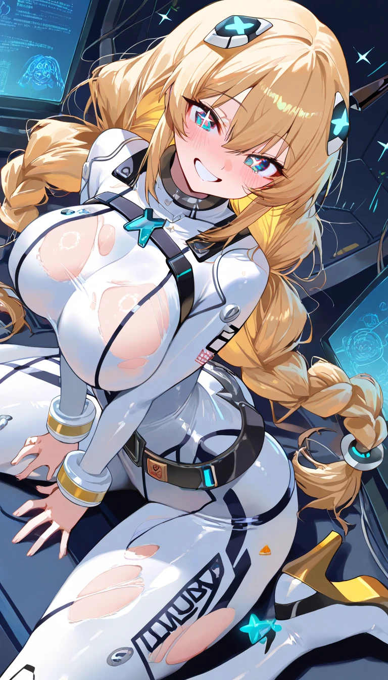 ((masterpiece)), ((high quality)), ((super detailed)), ((high resolution)), ((8k)),a beautiful woman, ((She is one of the most famous actress in Japan.)), unparalleled beauty, ((large breast:1.4)), ((large ass)), ((deep cleavage)), slim waist, chest out, ultra detailed face, perfect skin, (((waist length hair, ((long straight golden hair)), crossed bangs))), blue eyes, detailed eyes, whole body image, sexy, an inviting smile, sensual, (((anime))), ((glamorous)), sexual attraction ,23 years old, ((incredibly beautiful woman)), ((The H cup bust)), ((sexy pose)), ((neat and clean.)), (((Power Ranger))), heroine, (((high leg leotard, white line on blue colored spacesuit))), ((beautiful breasts)), beautiful legs, 8 life size, anime:1.4, the most beautiful and strongest, ((charm)),
