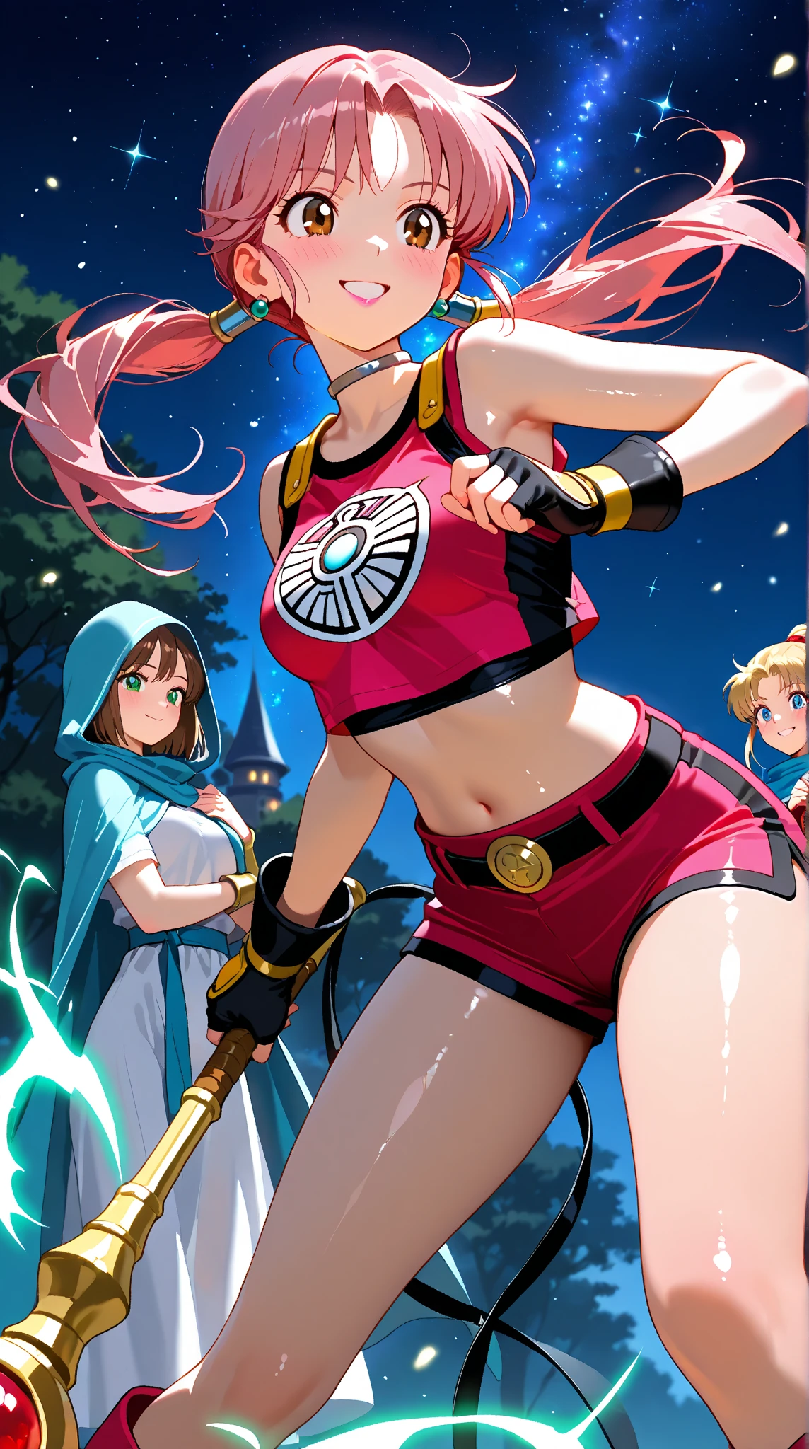 2girls, Trixie, Twilight Sparkle, Different, hairlong, naked body, Naked, Female genitals, white colored hair, purple and pink hair, big breastes, woods, Magic duel, Magic wand in hand, Sparks from fire sticks, in full height, combat stance, combat, Duel of wizards, opposite each other