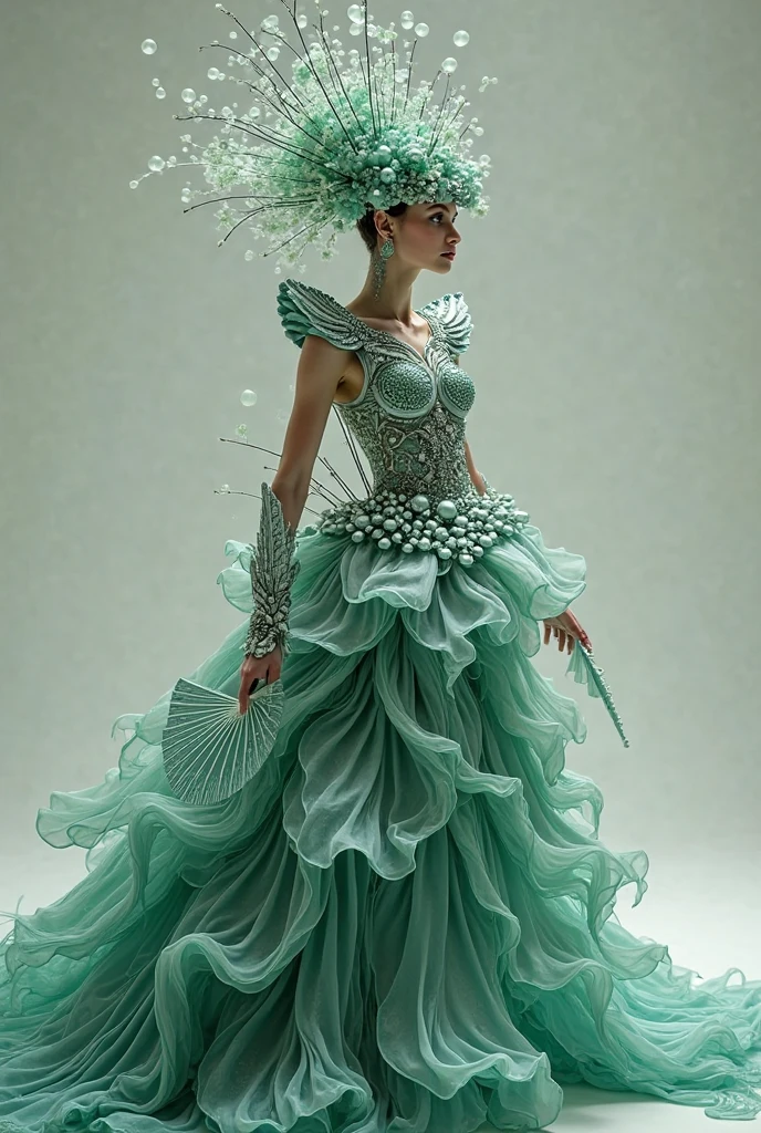 a goddess wearing a majestic sage green and gold ball gown dress, big beautiful dress, intricate puffy ball gown with lots of ruffles and rhinestones (Masterpiece, Top Quality, Best Quality, Official Art, Beautiful and Aesthetic: 1.2), (1 Flower), Full Body, Extremely Detailed, (Fractal Art: 1.3), Colorful, Most Detailed