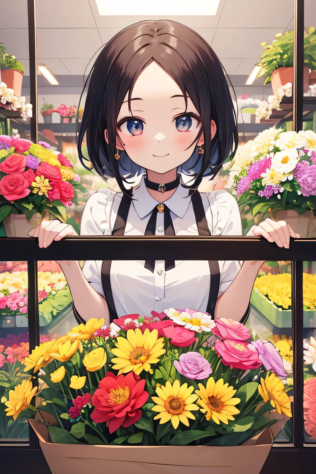 Best Quality、超A high resolution、fullllbody、Girl working in a flower shop、Making a bouquet、 A smile