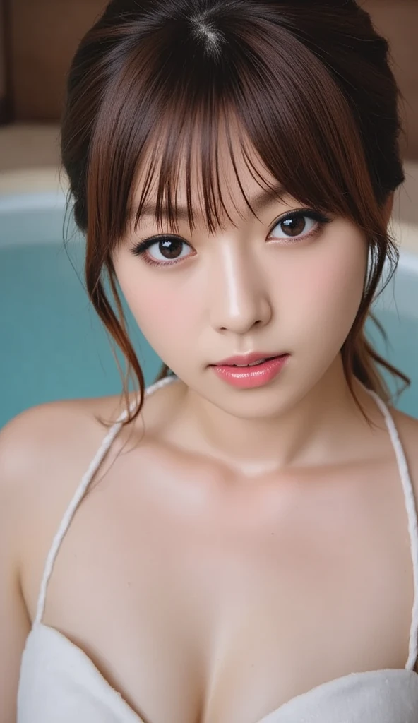 (4K,8K,Masterpiece，Realistic），（Highest quality）、（Super Resolution:1.3）、Real、（Japanese:1.3）、　RAW Photos、（Realistic:1.2）、looking at the camera、Symmetrical face、（Beautiful face in every detail:1.2）、Good looking、Overflowing with intelligence、20-year-old、Japaneseアイドル、Beautiful black eyes、Natural Makeup、（Medium chest、Cleavage）、Beauty Caster、（（Full nudity、Completely naked、Accurate乳首））、Holding your chest with both hands、bathing、In the open-air bath at night、Outdoor、Steam、Illuminated、Bold Pose、Lewd、Accurate５Finger、NSFW