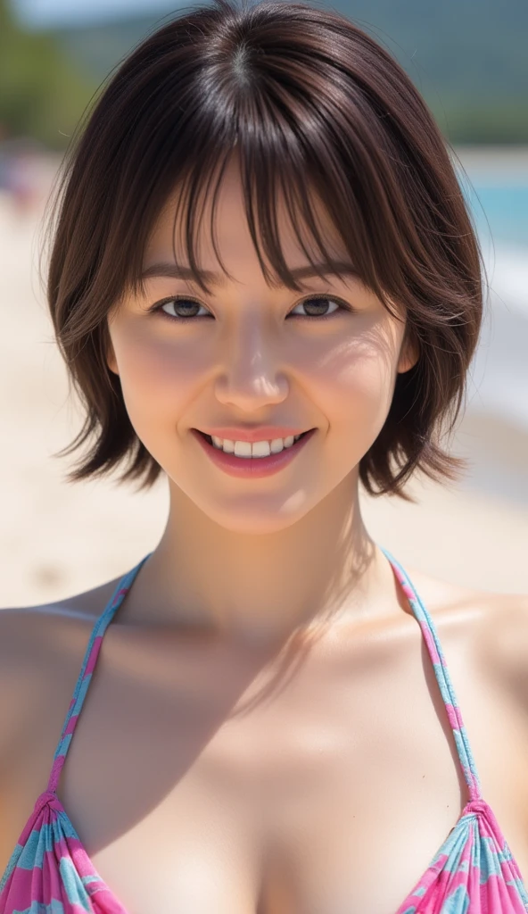 (masutepiece:1.3), (8K, Photorealistic, Raw photo, Best Quality: 1.4), Japanese, (1girl in), Beautiful face, (Realistic face), (Black hair), Beautiful hairstyle, Realistic eyes, Beautiful detailed eyes, (Realistic skin), Beautiful skin, Attractive, 超A high resolution, A hyper-realistic, Highly detailed, Golden ratio,School uniform. (3 Gills:1.5), (Sony Alpha 1, 50.1 megapixel full-frame CMOS sensor, 8K video recording function), (telephoto lens), (Realistic),(8K, 超A high resolution, Best Quality, masutepiece:1.2),Ultra-detailed,beautifull detailed face, FULL ANATOMY,(Beautiful detailed eyes:1.3),Smile,extremely delicate and beautiful, Extremely detailed, nffsw, Unity, 8K Wallpaper, amazing, finely detail, Ultra-detailed, High resolution, Extremely detailed, extremely detailed eye and face,Wet, ((Luxury Hotels:1.1)),((Colorful micro bikini:1.1)), [Ponytail],(huge-ed, cleava