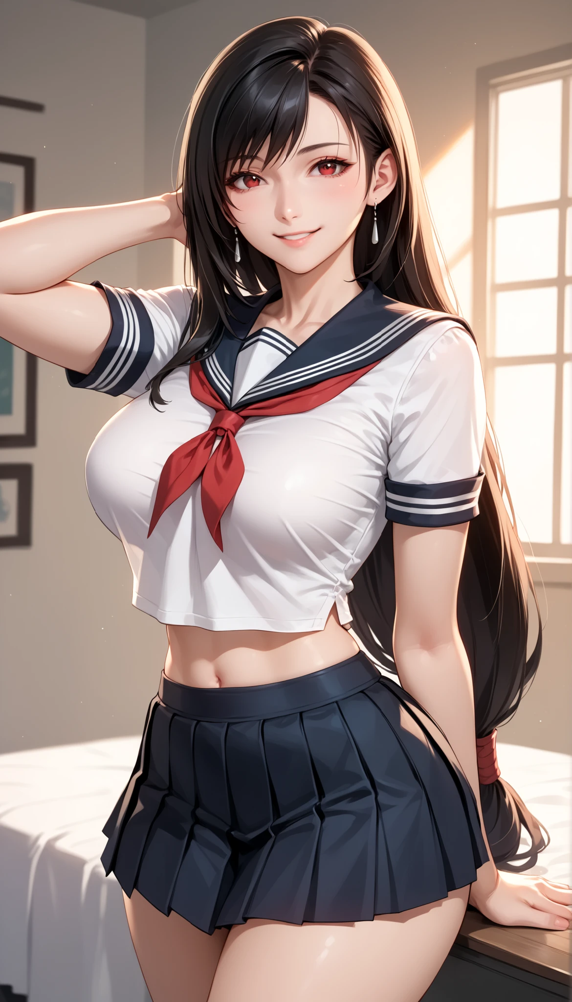 (highest quality、High resolution、detailed background、8K)、Beautiful and dense face、beautiful and smooth skin、skin texture、professional lighting、Beautiful girl in her 20s、two women、brown hair、braided hairstyles、(huge breasts:1.3)、realistic、perfect body line、
(Enjoy a romantic dinner by candlelight)、Calm atmosphere、
Confidence and Charm、Express yourself with confidence、Charm、
(Try wearing sailor uniform-style tops and  for a sexy look.)、
Choose tops that fit well with your body line.、
Fits perfectly around the chest and waist, emphasizing feminine curves.、
Adding details such as lace or ribbons around the décolletage and shoulders can create a sexy look.、
Generally speaking, traditional sailor uniform style tops with a white or navy base with red or black details are popular, but you can also choose tops with other bright colors or patterns.、
Choose a miniskirt that fits well with your body line.、
A secure fit from the waist to the hips, making your legs look beautiful.、
The tight silhouette of the skirt emphasizes your sexiness.、
We recommend designs that highlight the hip line and thigh curves.、
Dark colors such as black and navy bring out your sexiness.、
Skirts made of leather or shiny fabric also give a sexy impression.、
By incorporating feminine accessories such as ribbons and chokers, you can create a cute and sexy look at the same time.、Pair it with high heels to make your legs look beautiful.、High-heeled boots emphasize sexiness、
(With a happy expression on her face, she lifts up her skirt and shows me her panties.)、blush、panty shot、smiling、sexual expression、cute