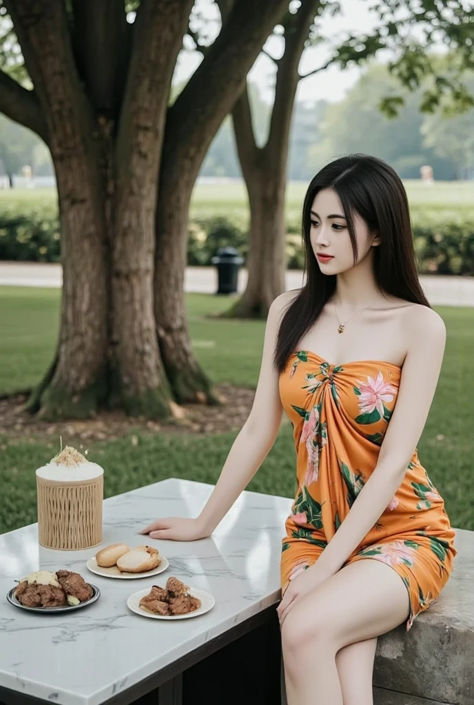 girl, sitting, under a tree, on grass ground, eating and holding a bread sandwhiches, (looking at viewer:1.4), open mouth, dappled sunlight, long flowing black hair, flower styled yellow dress, gigantic breasts, a paper bag full of bread besides her,