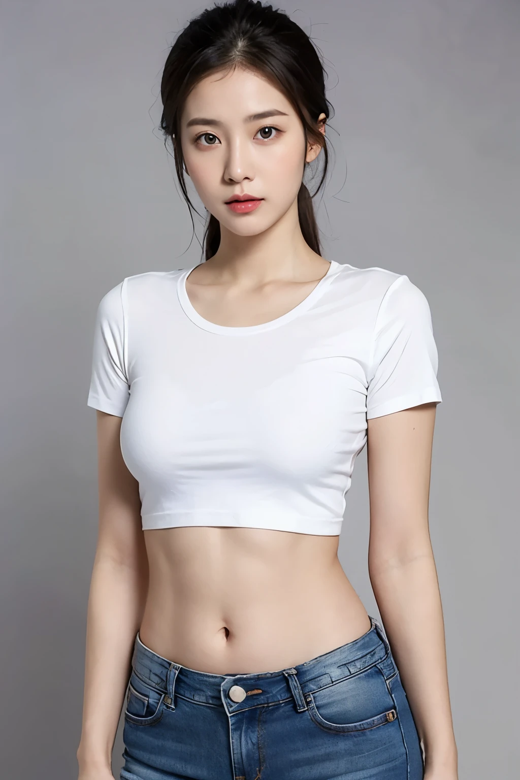 masterpiece, Highest quality, figure, Very detailed, In detail, High resolution, 8k wallpaper, Perfect dynamic composition, Beautiful attention to detail, Natural Lip, White T-shirt , Short denim pants , Big Breasts, Cleavage, whole body, Belly button