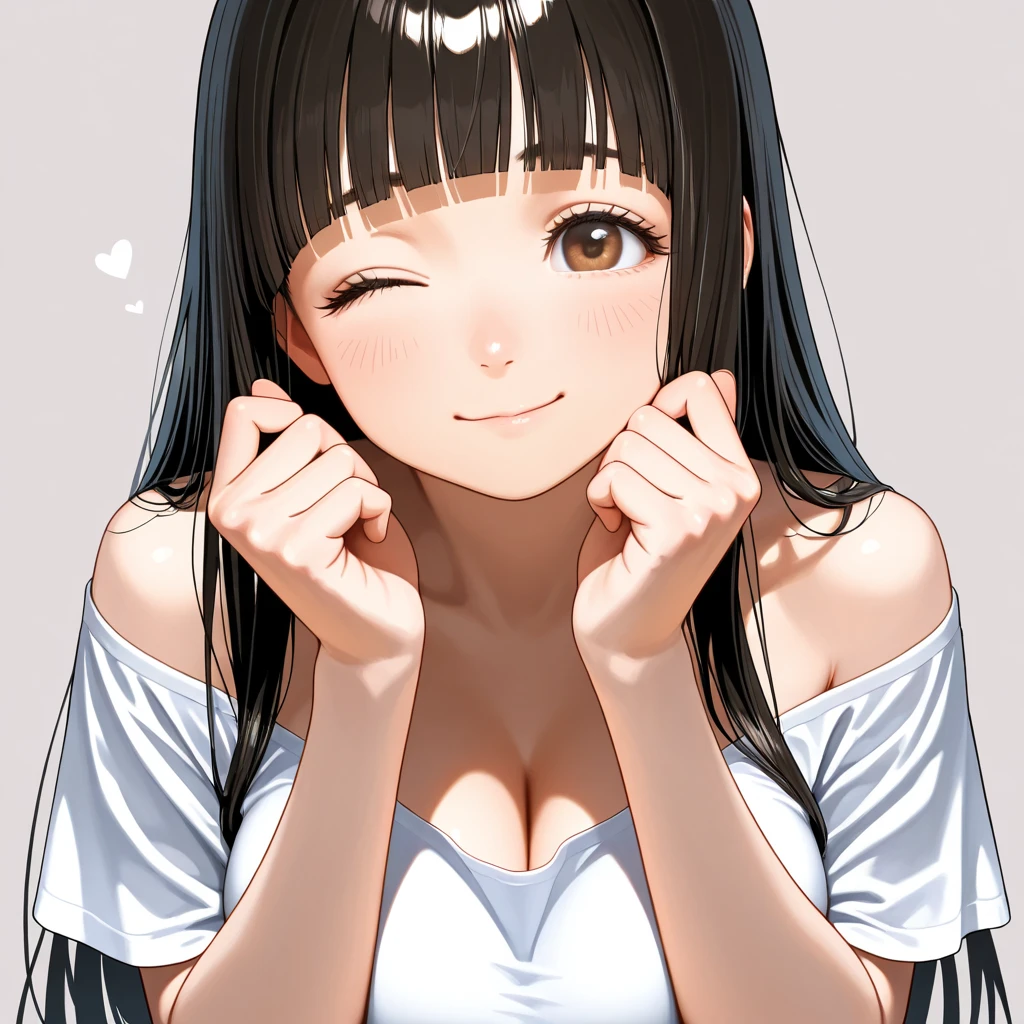 Girl, cute, adorable, smiling, straight hair, long hair, black hair, full breasts, Showcasing cleavage, standing, one hand up,
(V-sign:1.2), 
looking at the camera, From the front, my room, morning, Halter Top