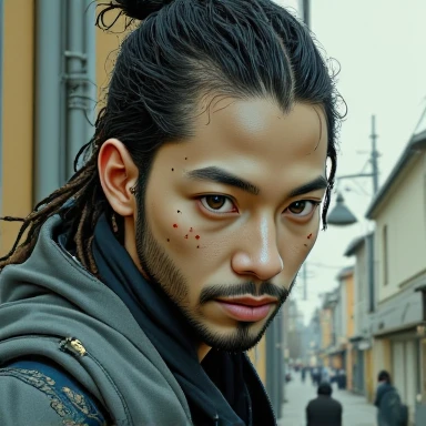 1 American man is warrior in the Japanese castle, wearing samurai armor, braided bun, side braids, braid, scar across eye, drop shadow, halftone, vanishing point, diffraction spikes, f/1.8, Nikon, high detail, UHD, masterpiece, best quality, highres, 16k