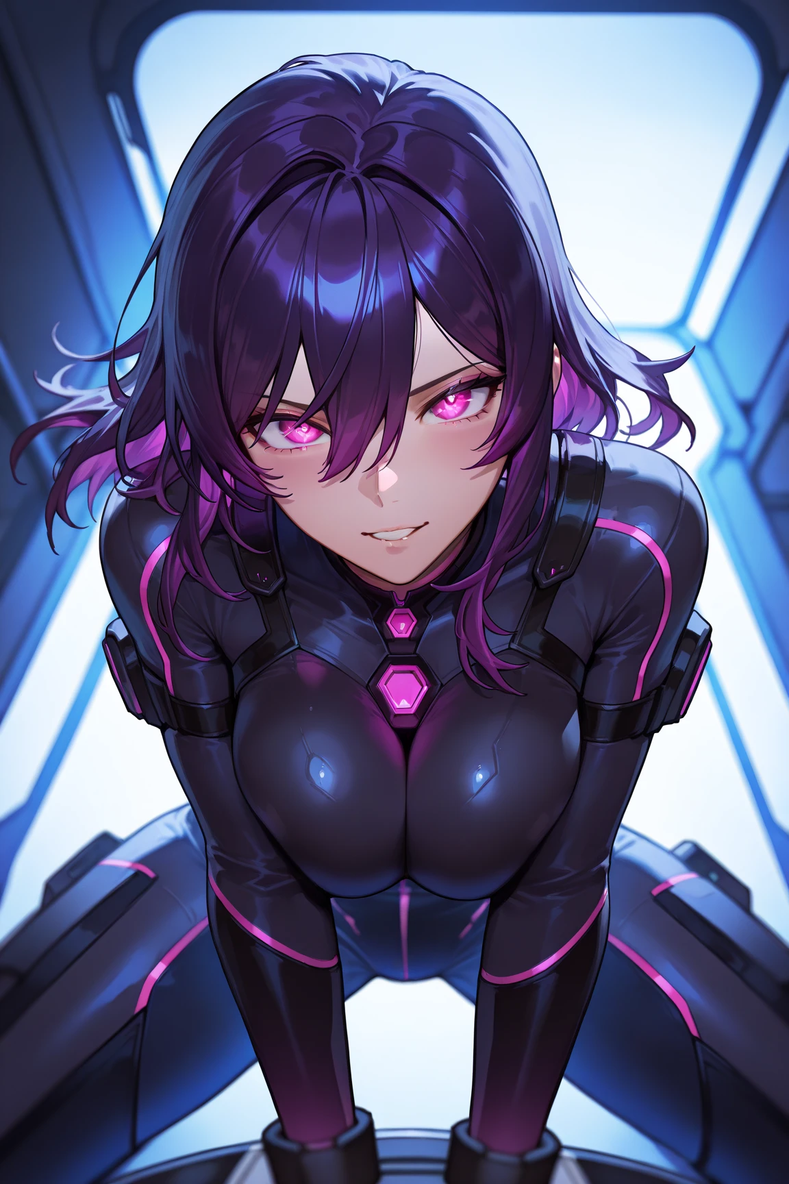 Tutorial: A beautiful girl with a ponytail sits in front of a computer, intently focusing on the screen with a determined expression. Her cyberpunk-inspired outfit features a glossy, ultra-detailed leather jacket, intricately designed with shimmering neon lines. Her open chest clothes reveal a masterpiece of a plunging neckline and perfectly proportioned, large bust, accentuated by the sharp focus of the camera and vibrant colors. Her high-resolution, high-definition image captures every detail, with abs visible beneath her sleeveless top and slim arms restlessly tapping on the keyboard. The field of view is narrow, with the focus solely on her upper body