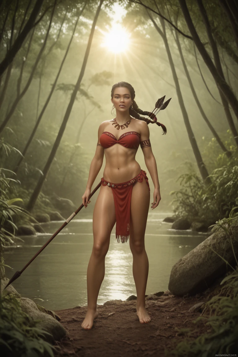 Highest quality, masterpiece, Highest quality, Official Art, Very detailed, Amazonian heroine in the jungle, Amazon warrior surrounded by lush greenery, Swing your spear up, Ready for battle, The strength of nature is reflected in her posture., Guardians of the Tropical Wilderness.