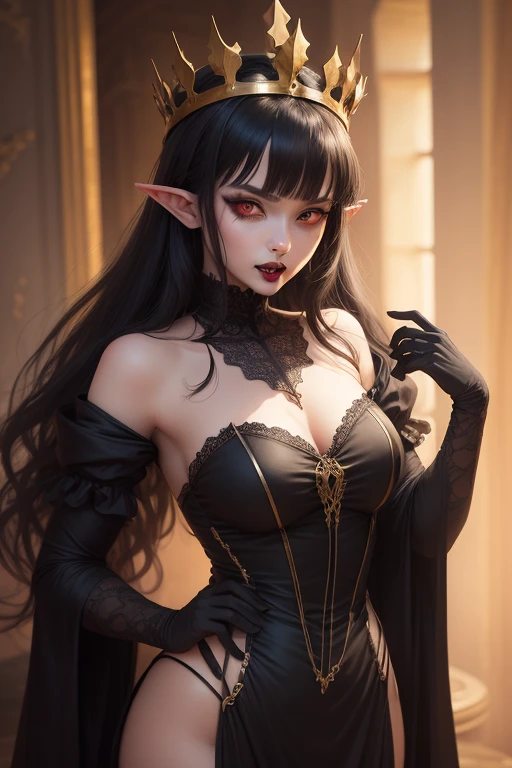 (demon, demon princess, gyaru face:1.1, dark skin, full body, standing, pointed ears, small horns, armor), (best quality, 4k, ultra-detailed, realistic:1.37), dark atmosphere, dark skin, vibrant colors, glowing eyes, flowing hair, mesmerizing gaze, dynamic pose, intricate details, mystical background, haunting beauty