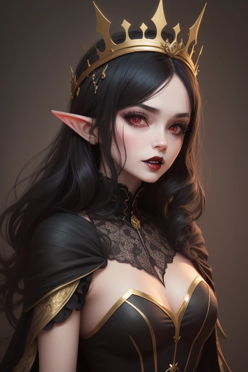 Black hair female elf. Purple pupils, In castle, serious face. Mass jewelry. Wearing black