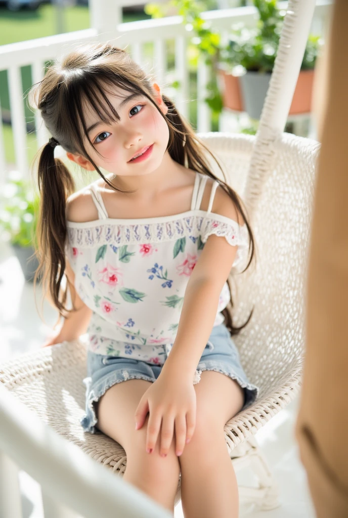 master piece, Best Quality,(12 years old Japan girl:1.5),(Looks like you're about to cry:1.3) ,(M-shaped legs spread on a park bench:1.8),(Summer clothes and hairpins for junior high school girls:1.8),Brown eyes,(Small:1.7),(Smooth straight hair:1.5),(Slender body,Skinny Legs),A detailed eye,Very white skin,Letting down your bangs,Detailed body,Detailed hand,No makeup, Smile,