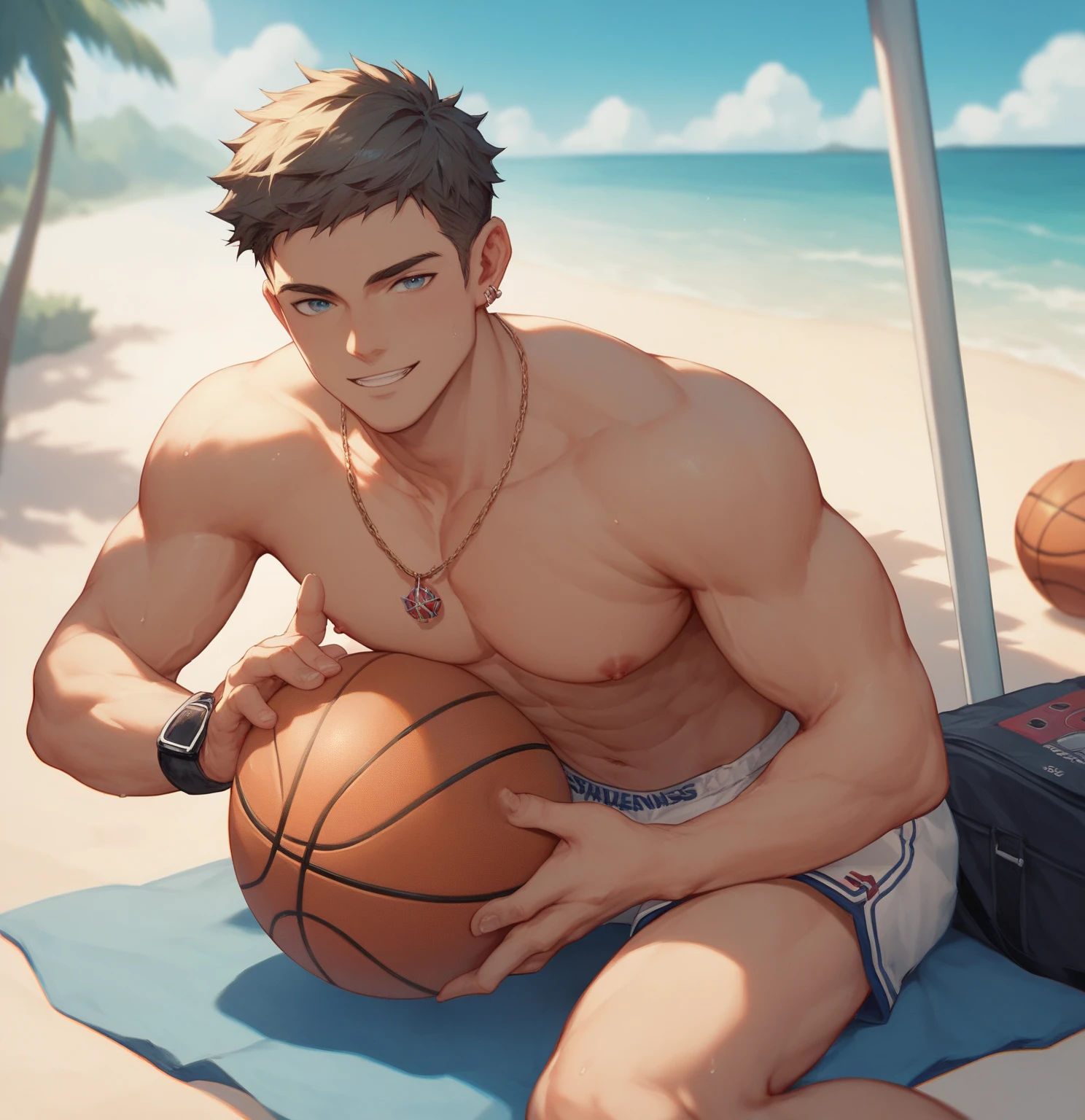 Hispanic adolescent male, (age uncensored), (teen), hispanic, Latino, Big eyes, Male, Shaved, Short hair, (Barefoot), Natural light, Wet body, Wheat-colored skin, 1人, Wearing green basketball shorts, Sitting, (Expose his feet), (Foot focus), Sweat, Sweaty, Pout, Pouting, (Raised Legs), (A sole), Low angle, Full portrait, favela, favela, Perfect feet, Topless, Shirtless, backyard, yaoi, anime, Line art, arms behind head, Feet on the table
