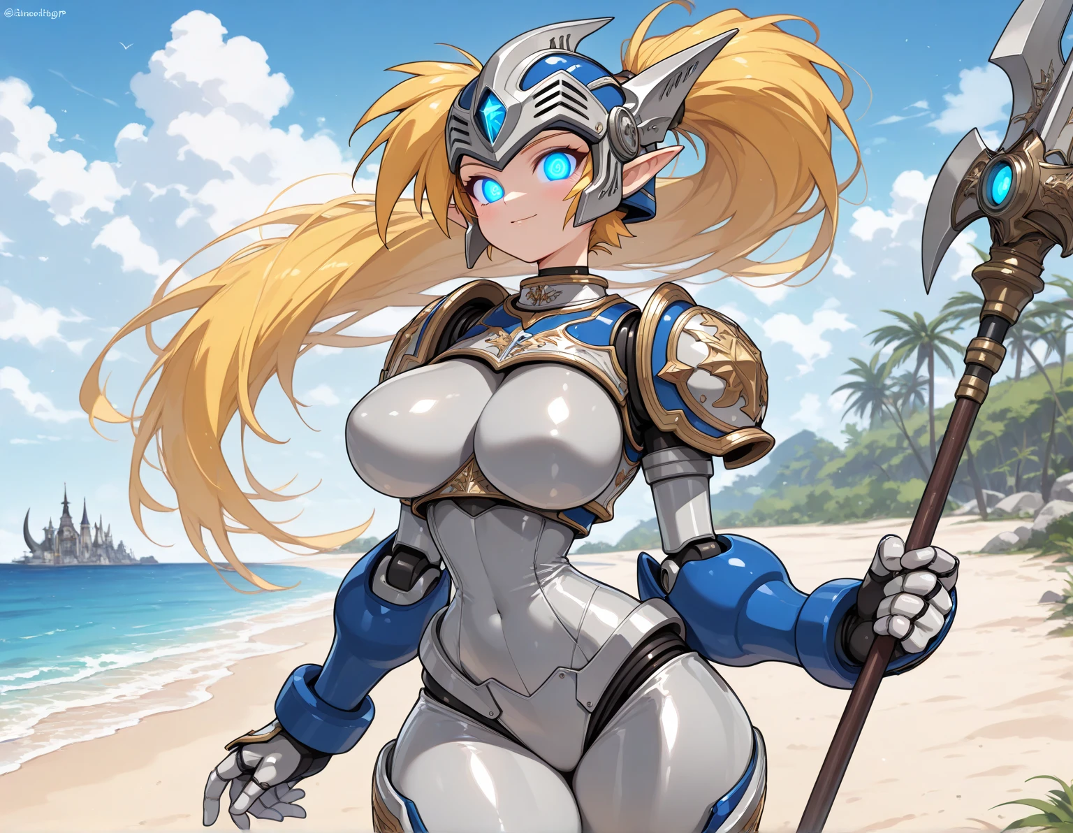 Melpha on the beach, blonde hair, glasses, hat<lora:Melpha2:1>