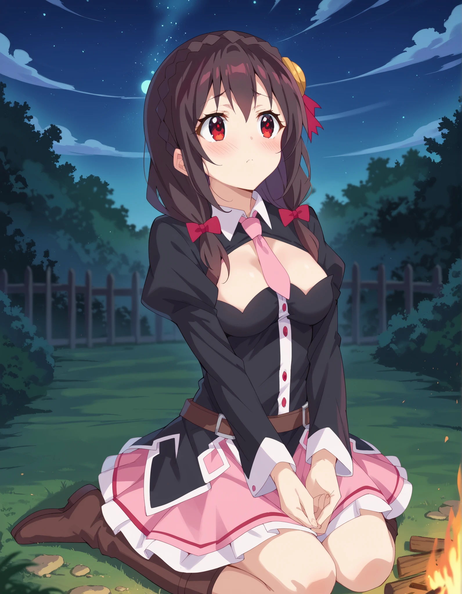 high image quality,wavy high quality、
Yunyun、yunyun、 (1 person)、black hair, hair accessories, long sleeve, Costume cutout , cleavage visible above the neck was hollowed out, pink tie、pink skirt、yunyun, high quality,black hair, hair ornament, bow, braid, crown braid,pink necktie,one person,solo,blush、solo,night,Bonfire,red eyes,(looking up),fetal position,outdoors,Starry sky,uneasy expression