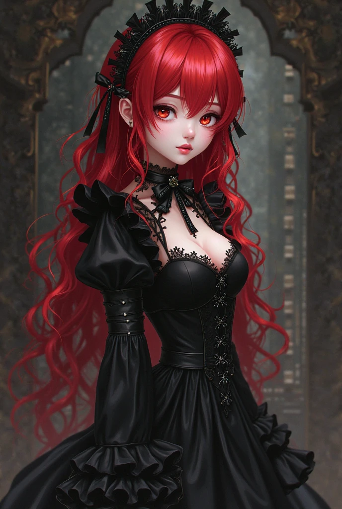 (masterpiece, best quality), 1girl, red hair, medium chest, gothic frill dress, pervert face, <lora:add_detail:1>