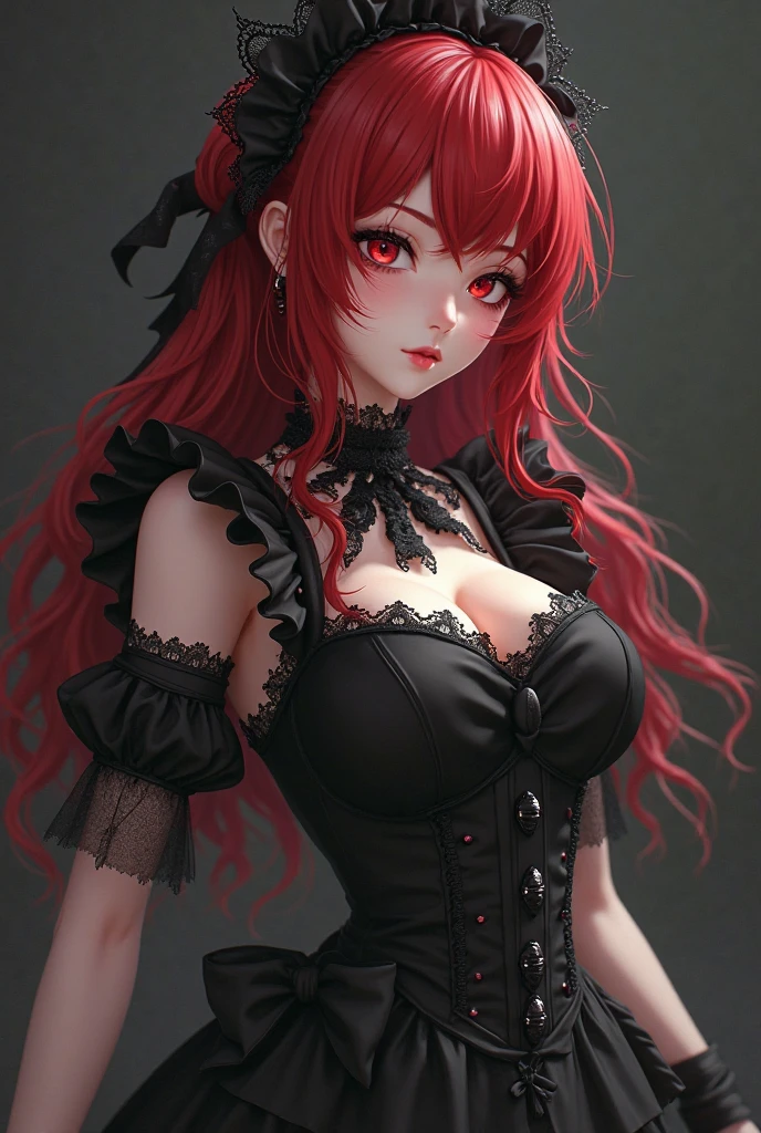 1 girl,Depp's Sense,confused,catch light,Super beautiful illustration,(redhead,long hairstyles:1.6),turn around,eye shadow,(Red clothes,Gothic Lolita),Upper body,;d,beautiful and delicate flowing hair,delicate and detailed blue eyes,emphasized chest,big breasts