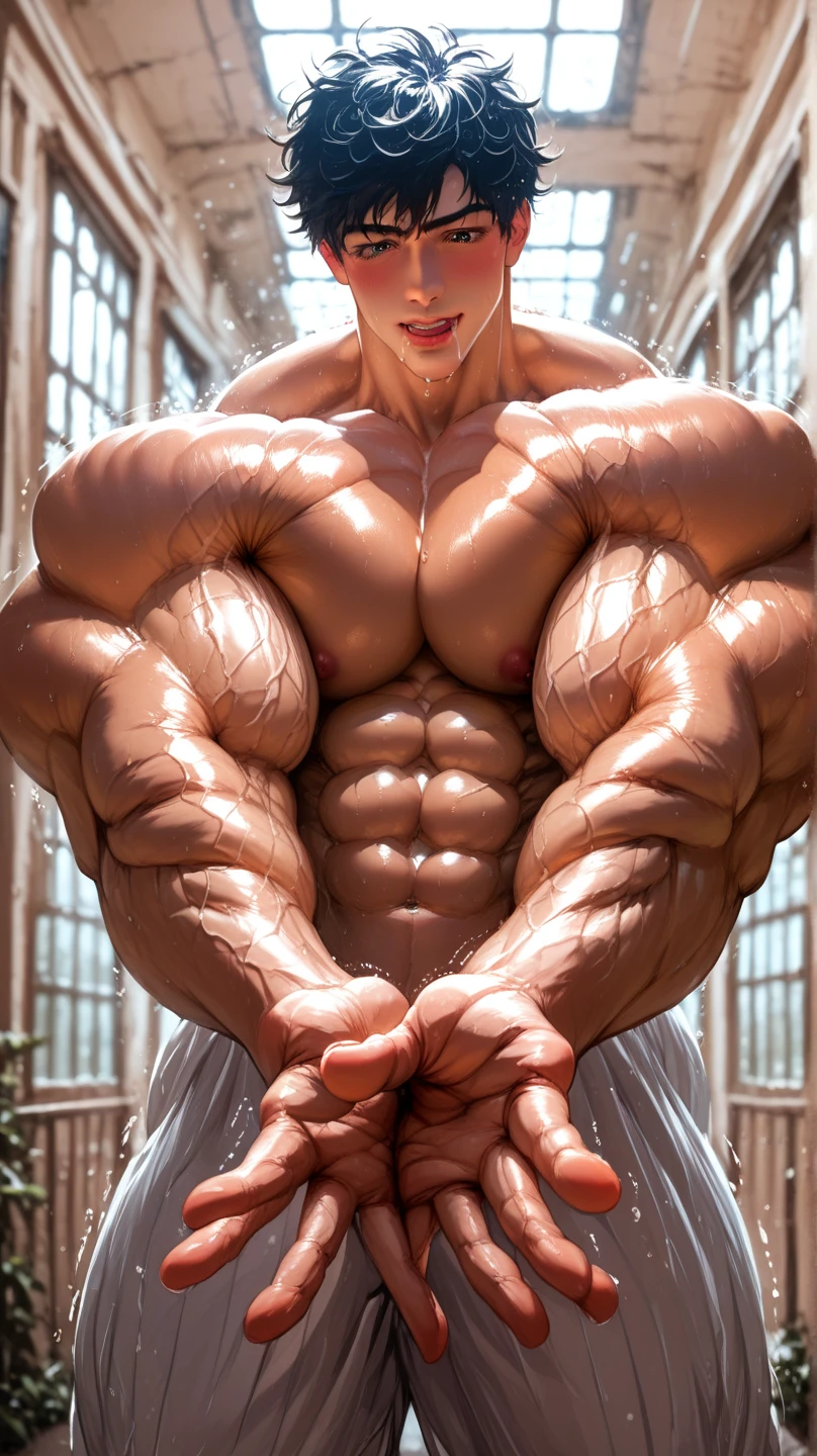 1boy, giant, giant bodybuilder, stand, illuminating light, strong body, bulk, large size, staring, armpit, in the white photo studio room, nude, white triangular underwear, prominent bulge, extraordinary big, brutalmass, giant, muscular body, bulk, buff, massive body, large meaty body size, extremely wide body