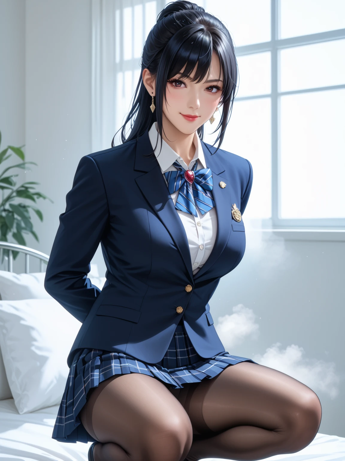 (masterpiece, Highest quality, NSFW), Correct hand shape, Correct finger shape, Correct leg shape, Beautiful details fingers, Beautiful details hands, Beautiful details legs, Beautiful details, Beautiful details face, Beautiful details body, Beautiful details eyes, Professional Anime, Beautiful lighting, Ultra-fine illustrations, Glowing Skin, Beautiful details skin, From below, young, (JK Fashion Dark Blue:1), (Wearing a blazer:1.2), (Wearing a white shirt:1.3), (Black Bra, Cleavage), Wear a pleated skirt, (The ribbon on the chest is blue.), (Hands down:1.2), (Are crying:1.2), (Ahegao:1.4), Big Breasts, Tight waist, Ponytail Hair, Black Hair, iris, (Man and woman having sex:1.5), One person is sitting crouched down, (penis), (Pussy juice:1.3), View your audience