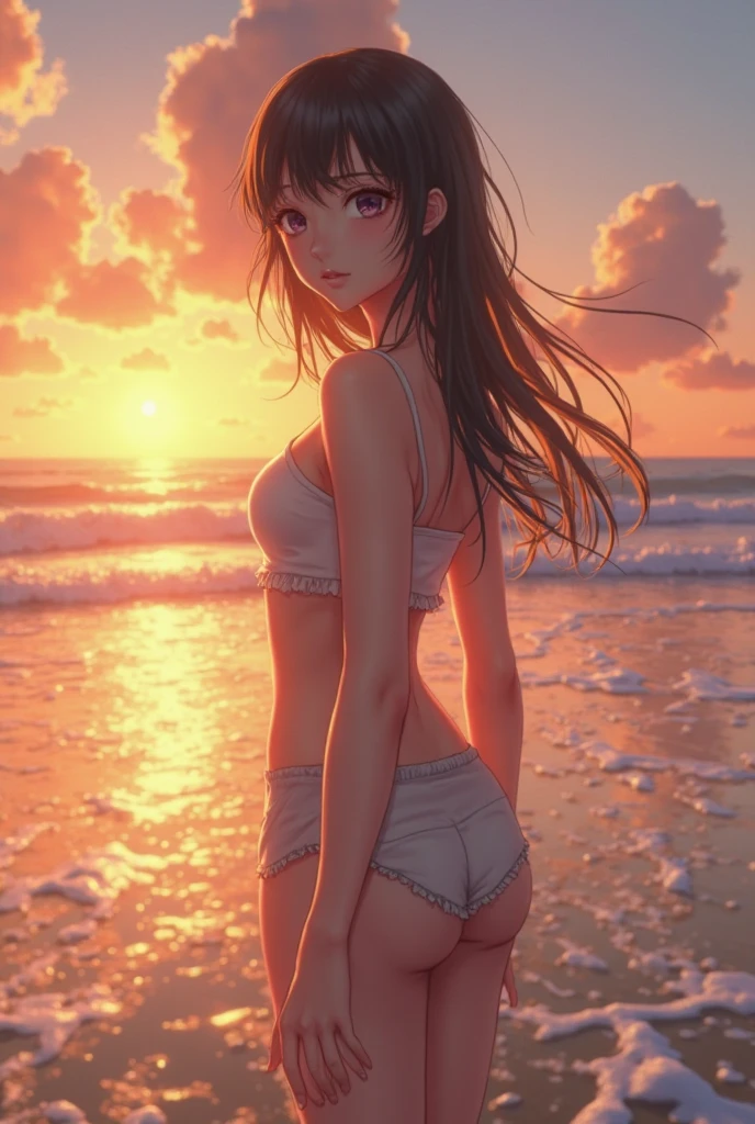 {best quality}, {very aesthetic}, {ultra-detailed}, {8k}, {Super elaborate face}, {Super-smart body}, {best illustration}, Mature face, 20-year-old woman, swim under the sea, (In the water), Midsummer Seafloor, Ocean floor at dusk, smile, Super-detailed dolphin, 夕日が刺し込むIn the water, T-Shirts, Sand on the seabed, Soft Light, Coral Reef, full body view, flat chest, Orange sunset, Black Hair,