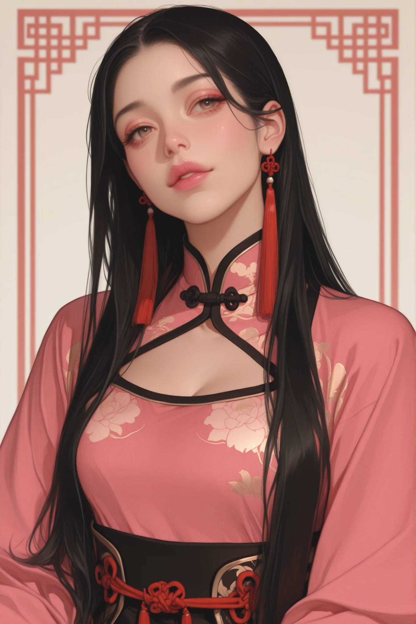 girl with east asian feature, Long straight black hair, hazel eyes, wearing fancy traditional Chineseclothes with slightly lower neckline but still, slightly full pink lips,
