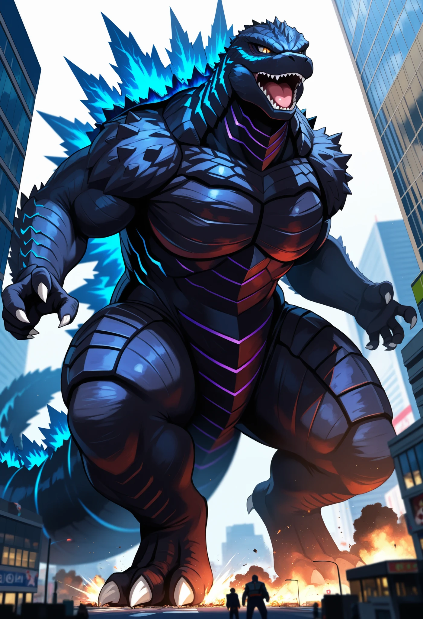 Zekrom, arms behind head, macro in miniscule city