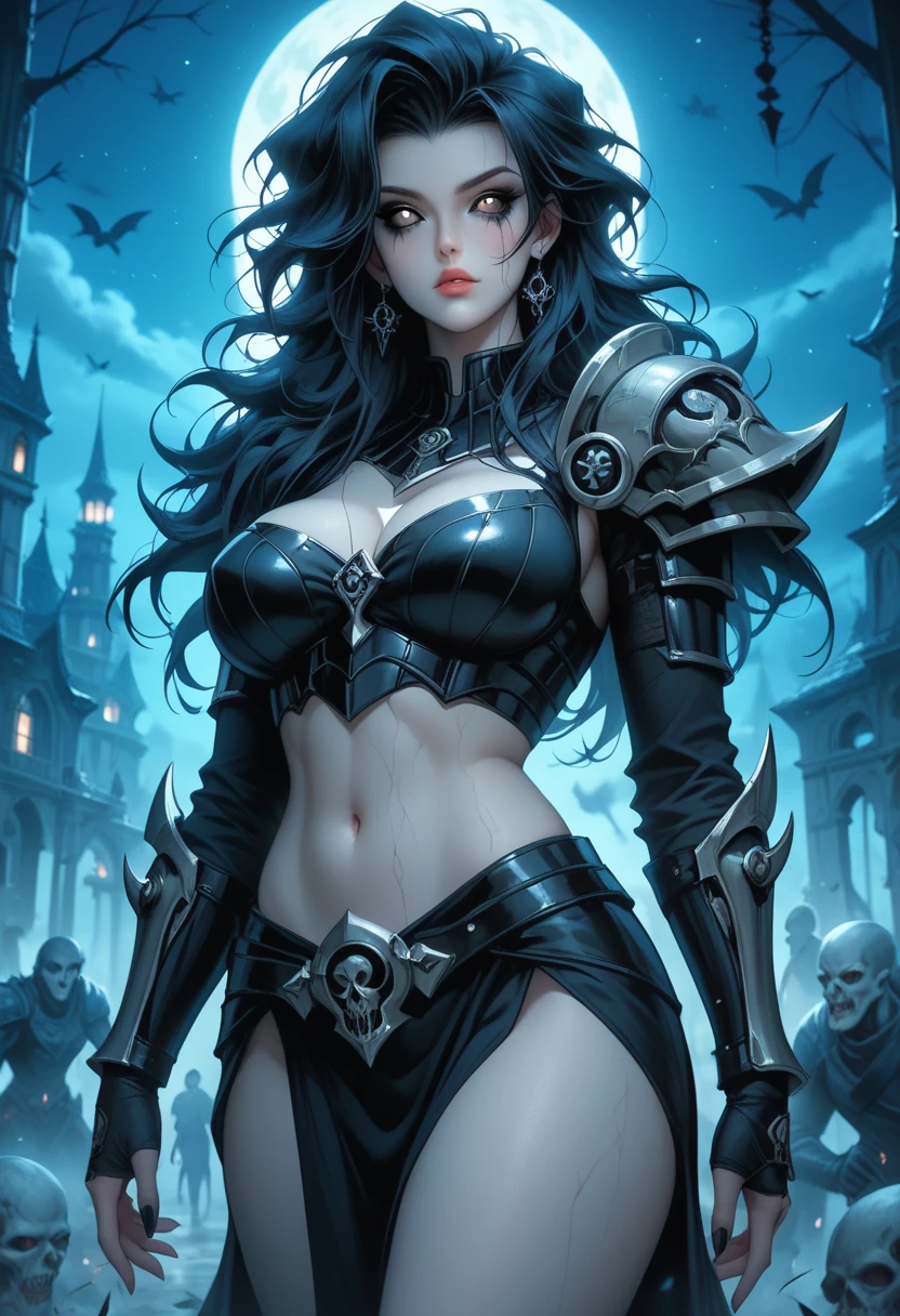 (masterpiece, top quality, best quality, official art, beautiful and aesthetic:1.2), (1girl:1.3), ((Sharp facial features, sharp features, hawkish features)), ((big hair, long elf ears, long black hair)), (((pale purple skin, pale blue skin, blue skin, purple skin))), big tiddy dark elf girl, extremely detailed, portrait, looking at viewer, solo, (full body:0.6), detailed background, full-body shot, (cold night mountain theme:1.1), dark elf war dancer, (spiky winged headdress), charlatan, smirk, mysterious, swaying in mountains, skimpy attire, revealing gladiatrix costume, ebony metal, gold filigree, gold bikini, circlet, metal bikini, long boots, dual knives, blood red fabric, pelvic curtain, loincloth, black leather, ((((holding her breasts, breast grab, breast squeeze, gigantic breasts, cleavage, skindentation, long legs, pelvic curtain)))), cute belly button, toned tummy, slim waist, slim hips, long legs, medieval (mountain exterior:1.1) background, dark mysterious lighting, shadows, magical atmosphere, dutch angle
