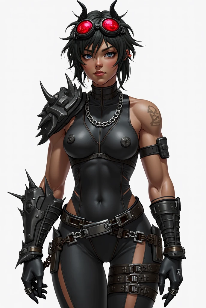 (high resolution, pixel perfect, realistic, gorgeous illustrations), (hyper quality, muste piece, etheric: 1.4), ((nsfw)), cowboy shot, face focus, ((1girl)), (boyish, cheeky girl), (((teenage girl))), (((punk))), hot Rocker punk girl, ((((open stance)))), cool atmosphere, yellow eyes, black hair, ((very_short_hair, slicked_back_hair)), (((piercing))), eyelid_piercing, nose_piercing, ((Exquisite face)), angry, ((black_lips)), (gothic_makeup), tattoo, ((((muscular_female)))), (ideal ratio body proportions, slender, small breasts), fighter, (((wh_chi_armor))), ((highleg_leotard_armor see_through)), ((cameltoe)), shiny skin, gleaming skin, simple background,