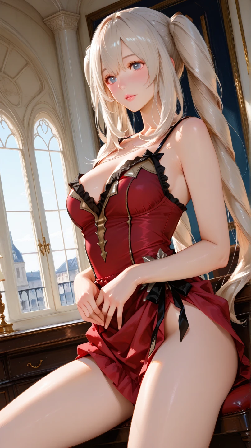 ((best quality)), ((master piece)), (circulated), perfect face, [red:Stempunk:0.65] theme, master piece, a girl's master piece, detailed visual art, blue eyes, light blonde hair , long hair, clavicle, royal princess, elegant, beautiful quinceanera corset, Corset piercing, alto na frente, layred skirt detailed, [ruffles detailed: 0.1], [ruffled dress: 0.1], red embroidery, [princess dress details: 0.1], outside shoulder, large breasts: 1.3, open crotch, thigh seam, garter belt, crotch, [ NSFW|  Red Uncense], (Behind the Scenes: 1.1), low wings, full body.