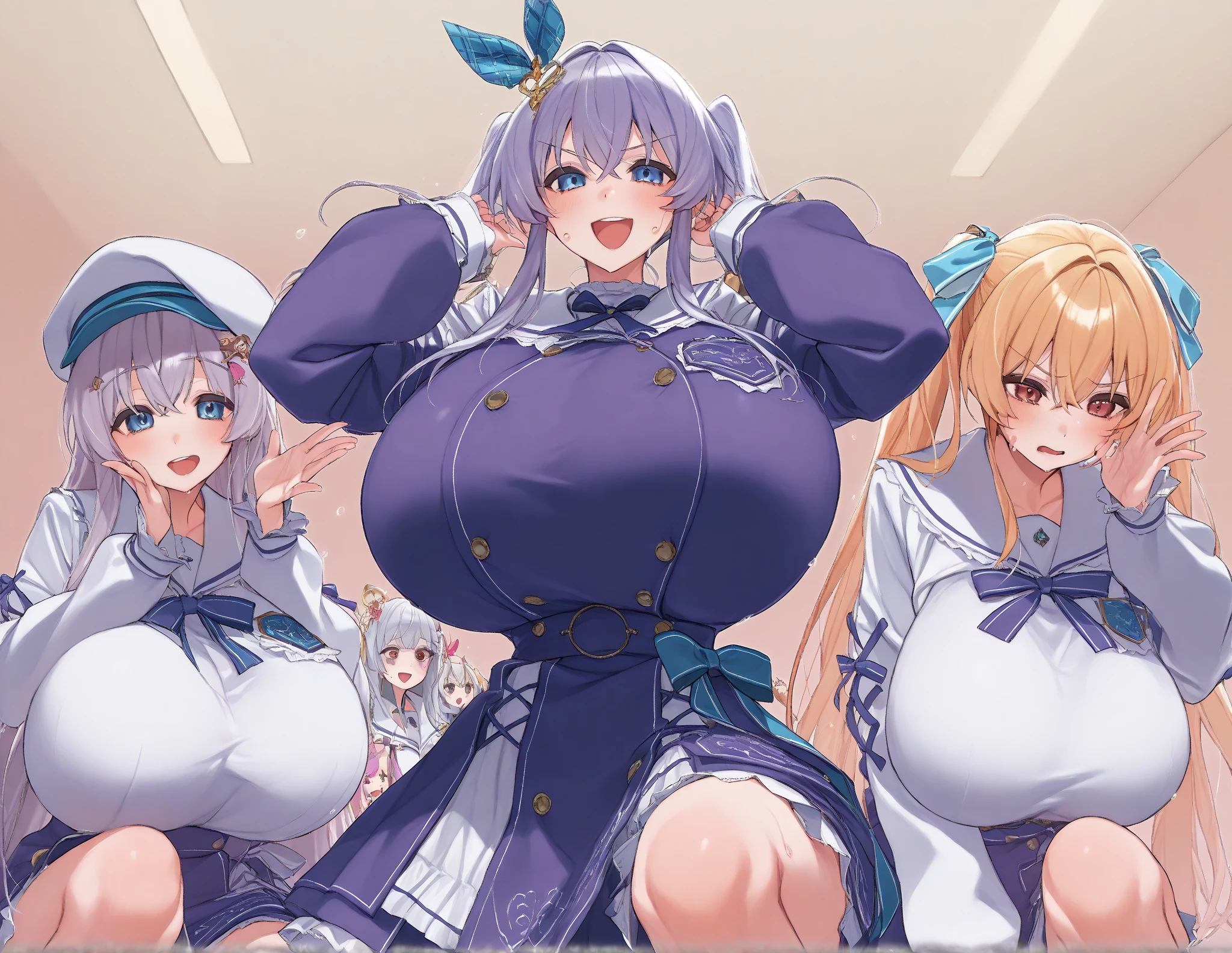 (masterpiece), highest quality, (colorful), (5+ Girls, Group photo:1.4),(beautiful eyes:1.2). Beautiful body, (Upper Body)), (The body is slim:1.2), (dripping nipples lactation overflow:1.3),( Huge breasts:1.4), (huge areolae:1.3), (length:1.8),(Slack:1.8), (White skin:1.1), Blonde Hair, Silver Hair, Twin tails, Braid, amount, (Hunchback:1.4), (Grin:1.1),(Put your hands behind your back), (Stars and Stripes lingerie showing lactation nipples, string erotic lingerie:1.1), Cowboy Shot, (Bedroom:1.1),