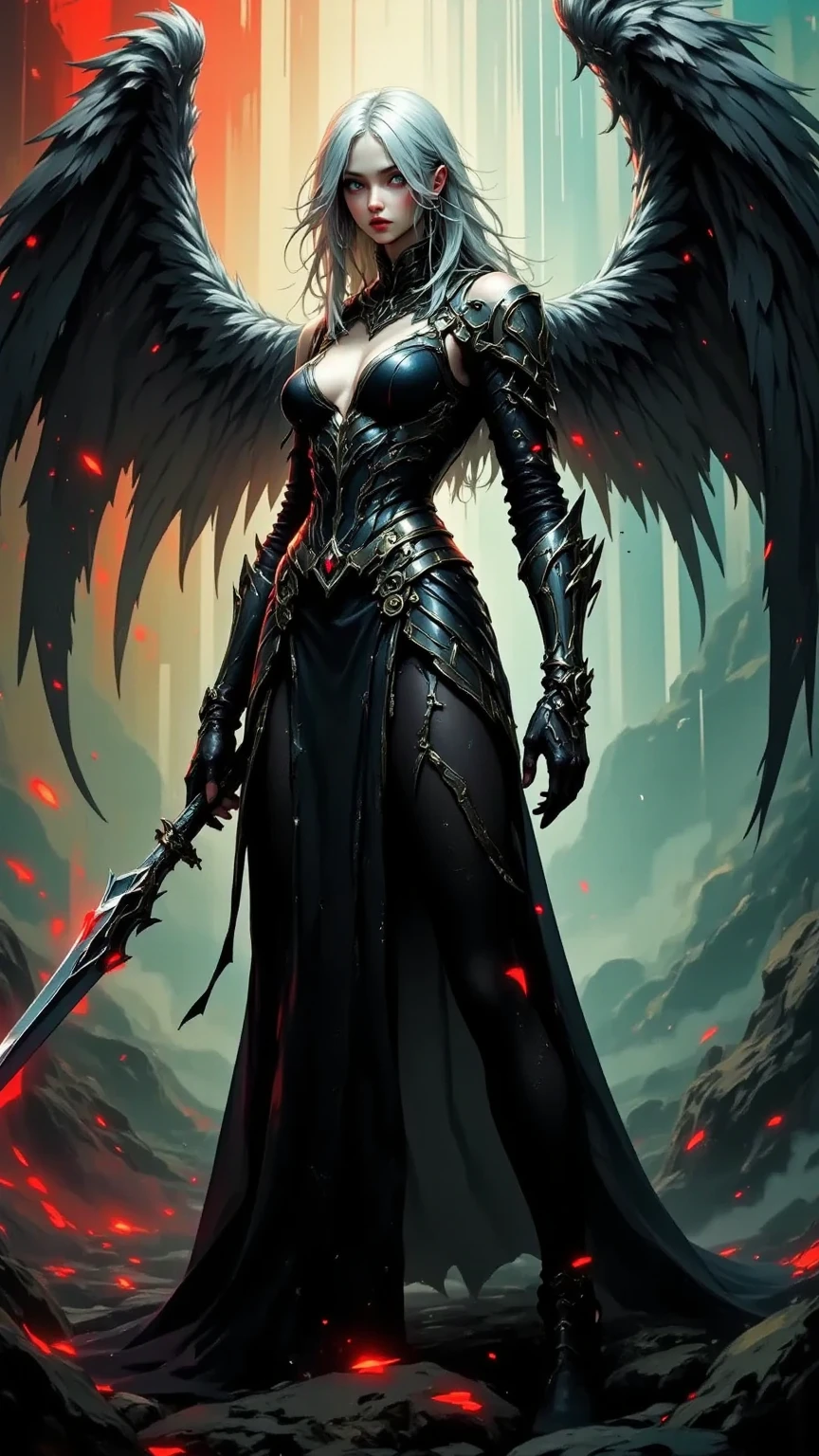 Cinematic effects, fire and brimstone, black and red demon armor, strong luster of armor, murderous armor style, with devil ornaments, exaggerated devil horns, spikes, and its complex armor, exaggerated huge devil wings, visual impact, holding a square halberd, battle posture display, busty, cleavage, motion photography, distant Athena statue, perfect details, 8K, top painting, scene magic, outdoor photography, concept art, epic composition, with HD details, metallic texture and tension composition, hyper-realistic, ultra-realistic, rich in detail, 3D. C4D,