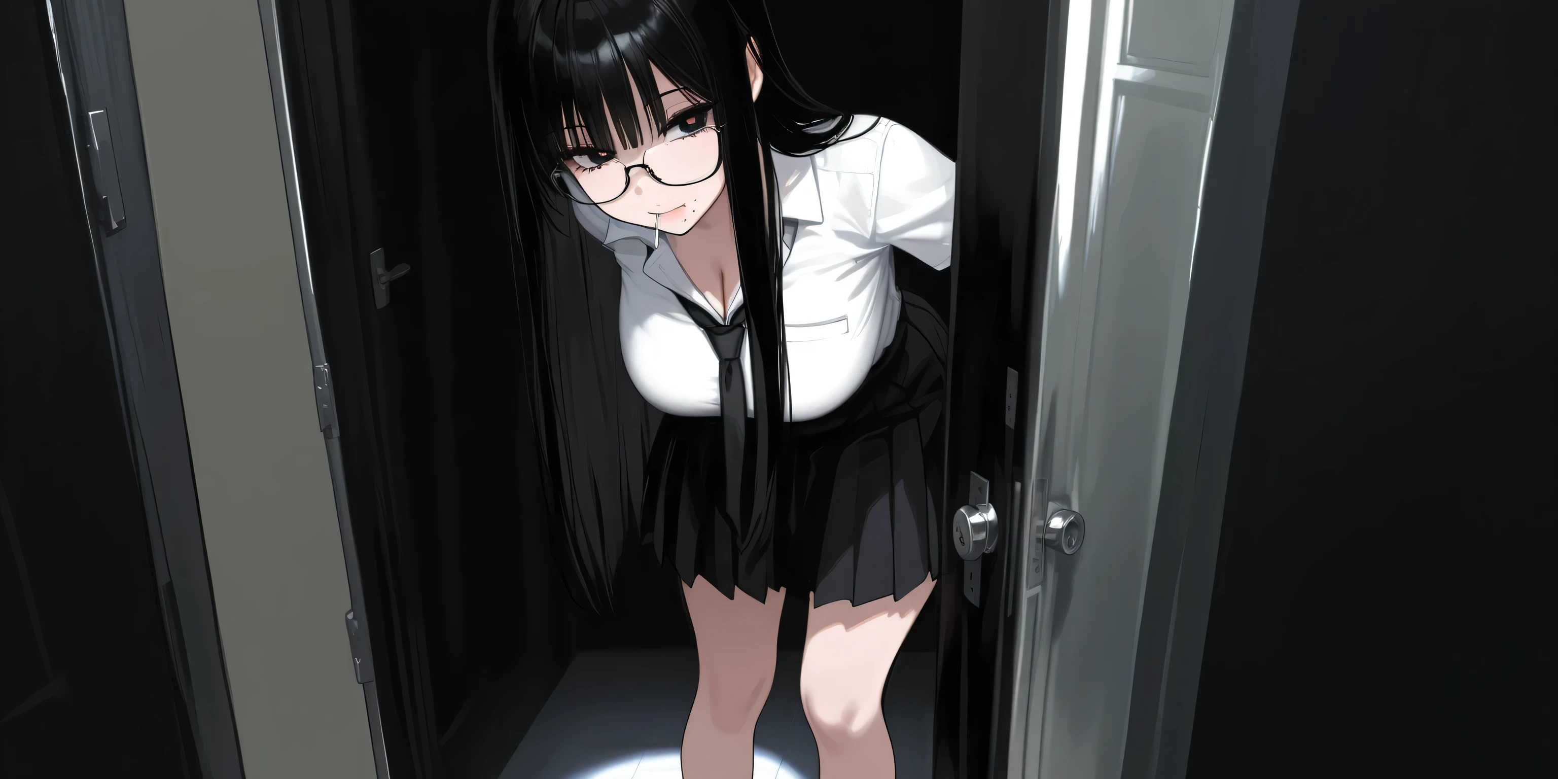 Single woman, full body, schoolgirl, black eyes, wearing Thai school uniform, , wearing glasses, black long straight hair, big breasts, mole in the corner of the mouth, face, iridescent eyes, standing leaning back the door of a man's bedroom.