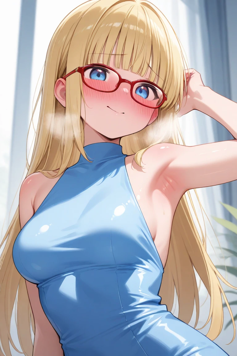 mature women, alexandra garcia, blonde long hair, hair between eyes, light blue eyes, big , glasses, short sleeves plunge tee, cleavage, tucked in, blue jeans, blushing, closed mouth, smile, masterpiece, 8K, HD, perfect face, high quality, best quality, extremely detailed eyes, extremely detailed body, highly detailed, expressive eyes, high res, 1girl, solo, knee length shot, front view, looking at viewer, body facing viewer, pov shot, slightly from above, standing up, straight posture, hands on hips, bedroom