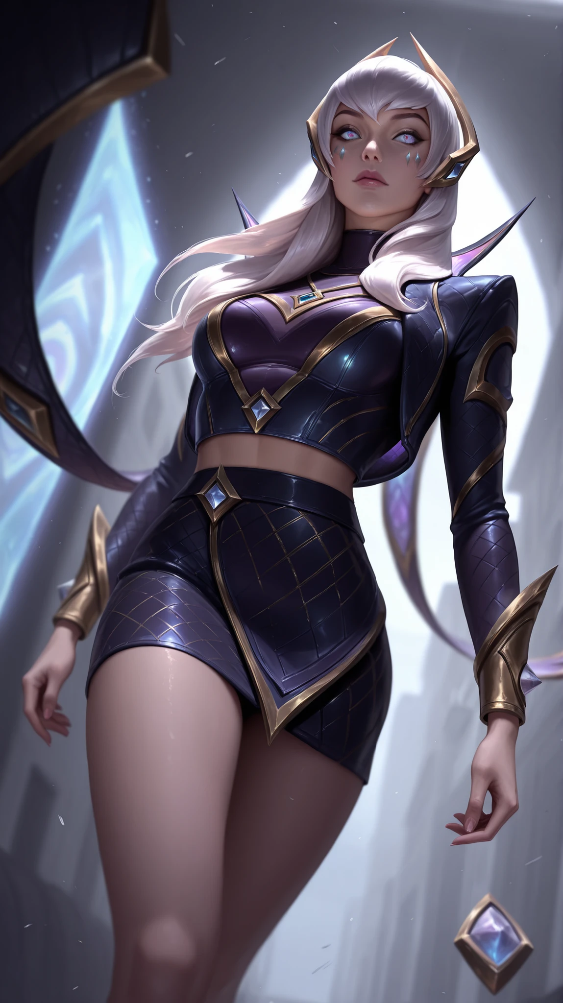 1girl, Solo,(Evelyn from league of legends:1.5), Physically-based Rendering, professional, ultra-fine painting, extremely detailed description, detailed face and eyes, Realistic, unreal engine, digital art painting, hyper-realistic,(Black Jacket diamond clothes), mini skirt, walking, dynamic angle, detailed costume design, confidence,elegant, masterpiece, Sharp focus, HDR,UHD, 8k, depth of field,