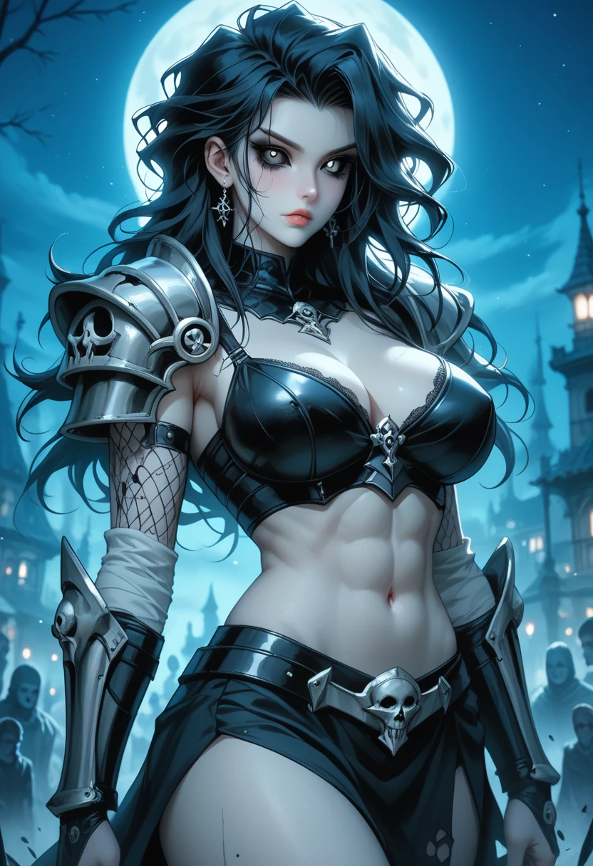 1girl, sword,(((leather armor))),small head,18 years old, black hair,skinny,slim,(small breasts:1.2),leather bikini,earrings,necklace,dark background, <lora:Melisa:0.5>,moon